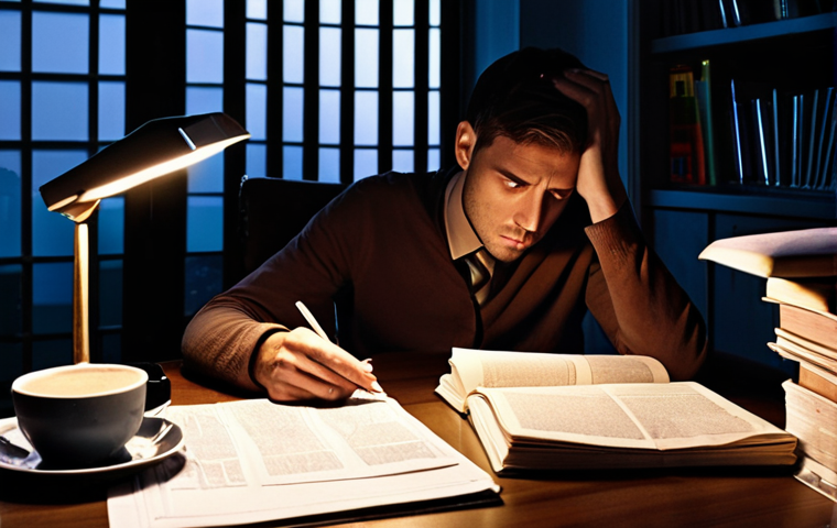 **Prompt 1 (The Intensive Study):**
"A person deeply immersed in books and notes at a desk late at night. Empty coffee cups and scattered financial documents surround them. The scene conveys intense concentration, occasional frustration, and the overwhelming nature of complex financial concepts, bathed in the soft glow of a desk lamp. Realistic, cinematic."