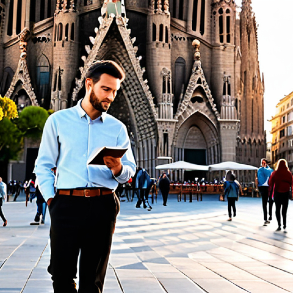 **
A vibrant street scene in Barcelona during the afternoon golden hour. A professional architect, fully clothed in a stylish yet modest business casual outfit (think linen trousers, a crisp button-down shirt, and comfortable loafers), is sketching in a notebook. The Sagrada Familia is subtly visible in the background. Focus on capturing the dynamic energy of the city, with people strolling by and café sounds audible. Safe for work, appropriate content, professional, family-friendly, perfect anatomy, natural proportions.
**