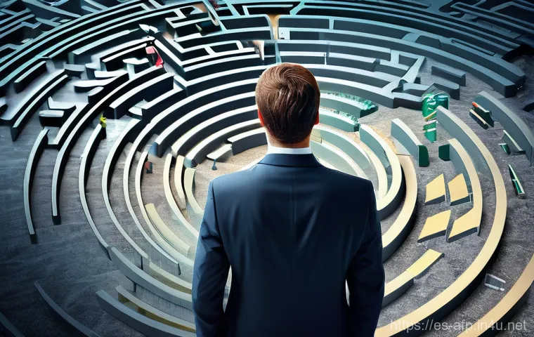 자산관리사가 중요한 이유 - **Navigating the Financial Labyrinth:** A visually dynamic scene depicting a diverse group of adults...